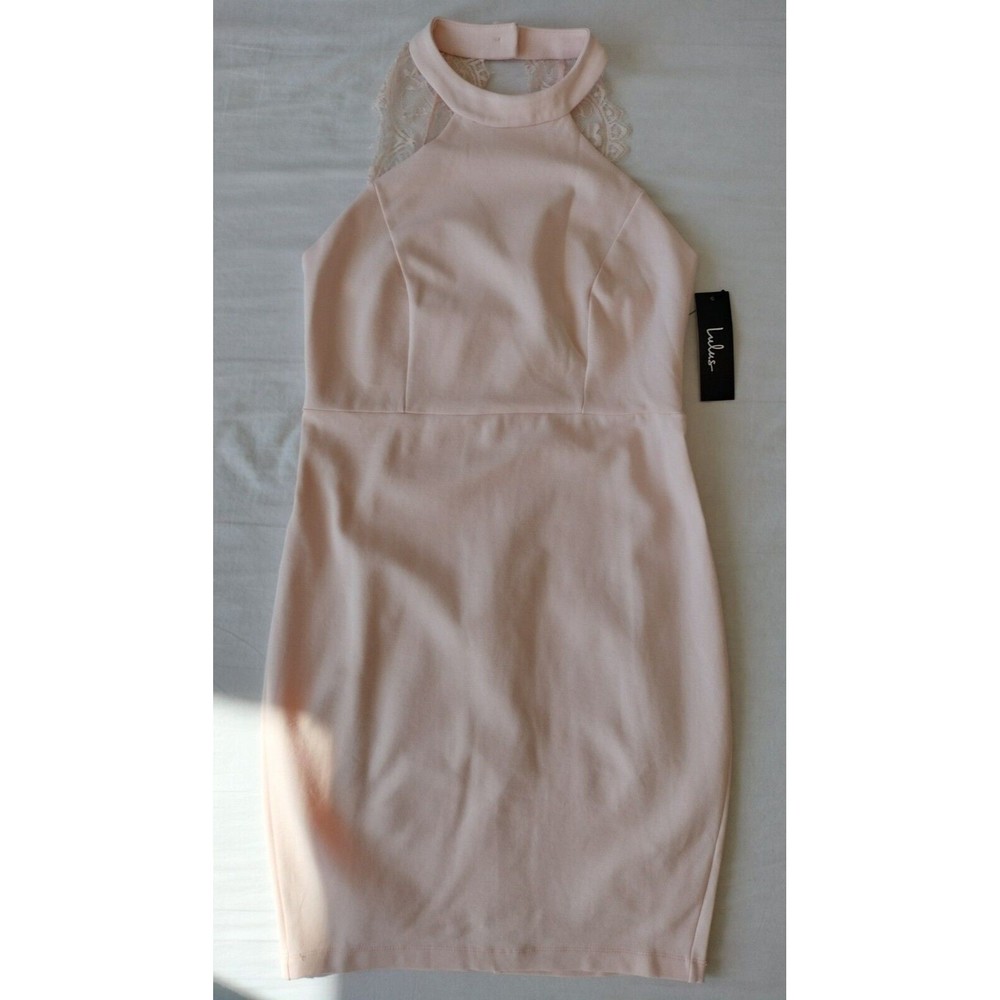 Lulu's Endlessly Alluring Blush Pink Lace High Halter Bodycon Dress Size Medium